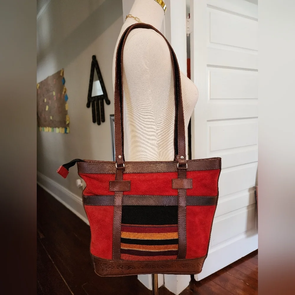 Woven Stripe Tote Bag Red Brown 100% Leather Trim Large